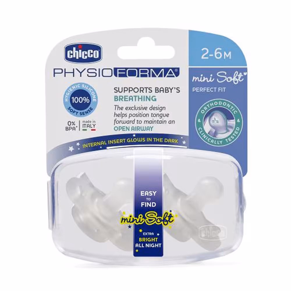 پستانک شبرنگ ارتودنسی 6-2 ماه چیکو فیزو فورما مدل مینی سافت chicco بسته 2 عددی