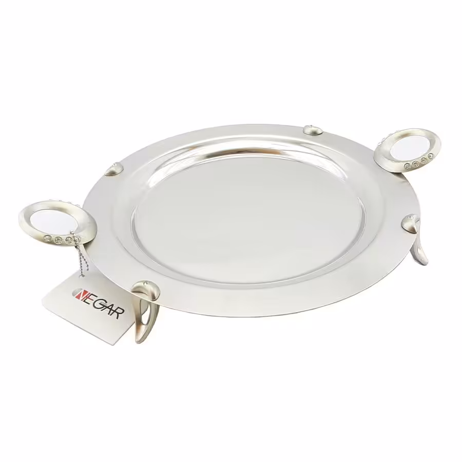 سینی گرد استیل نگار دسته نگین دار ابعاد (39×39)