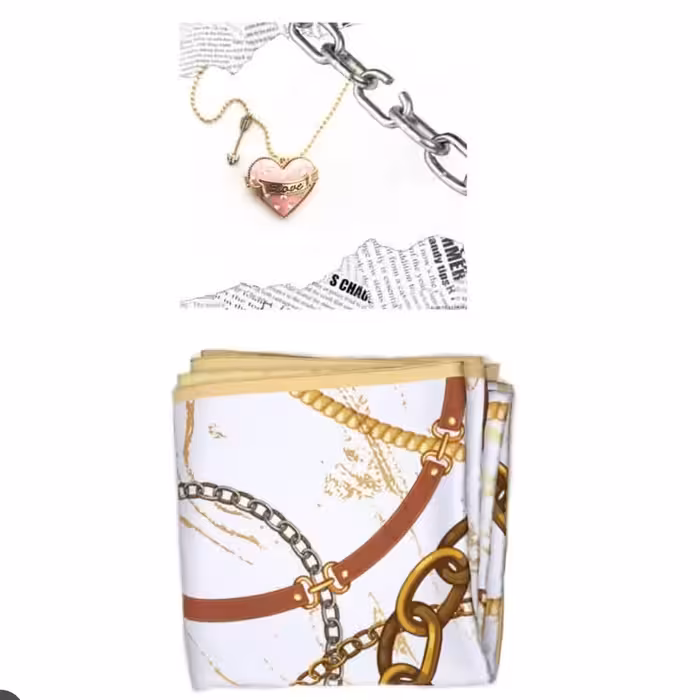 باندانا سفید-طلایی نخی (دستمالسر  یا دستمال گردن) طرح زنجیری قواره 45 شِیدی