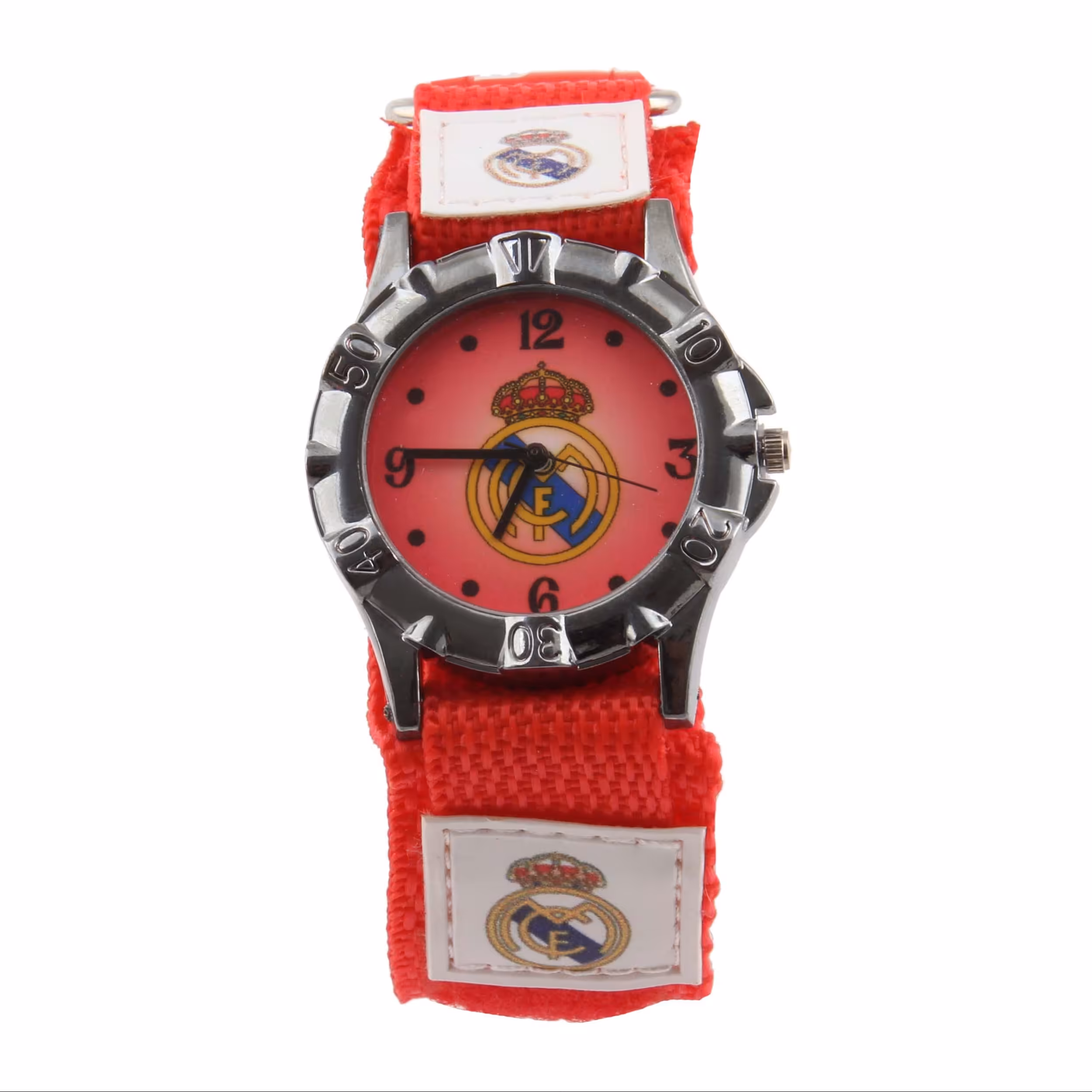 ساعت مچی عقربه ای پسرانه مدل ورزشی بند کتان چسبی طرح رئال مادرید کد WHK097