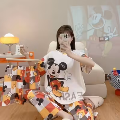 ست بلوز و شلوار و شورتک سه تکه کره ای طرح میکی موس پازلی کد 091