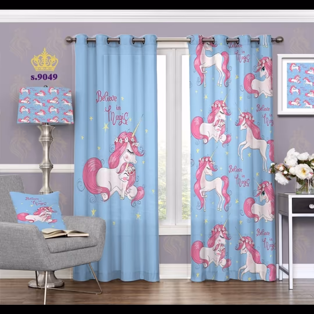پرده اتاق خواب دخترانه دو قواره طرح کارتونی یونیکورن کد S9049