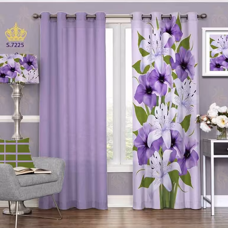 پرده پذیرایی دو قواره پانچ گلدار طرح شاخه گل اطلسی کد S7225