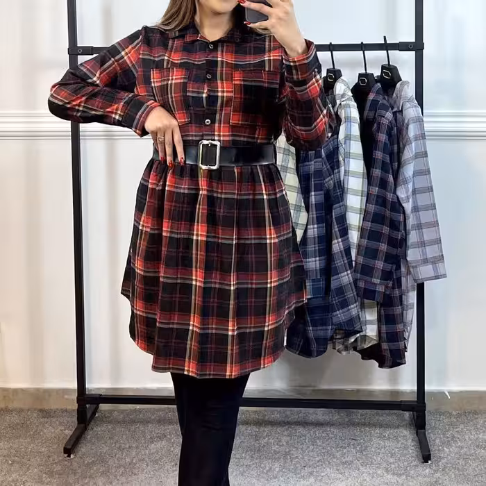 تونیک مانتویی چهارخونه 2 همراه با کمربند (ارسال رایگان و پیشتاز)