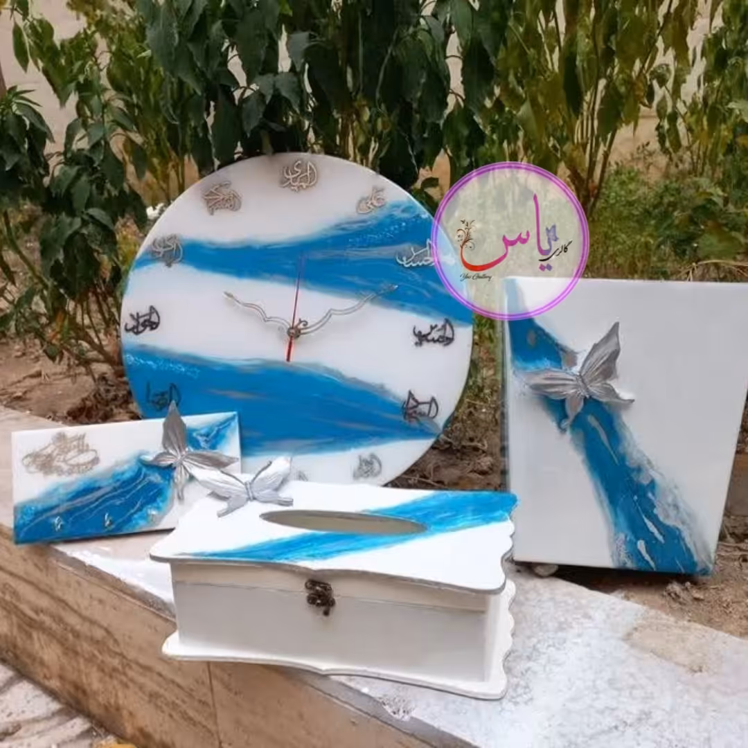 ست ساعت با طرح اسماء ائمه(ع) رنگ آبی سفید قطر60