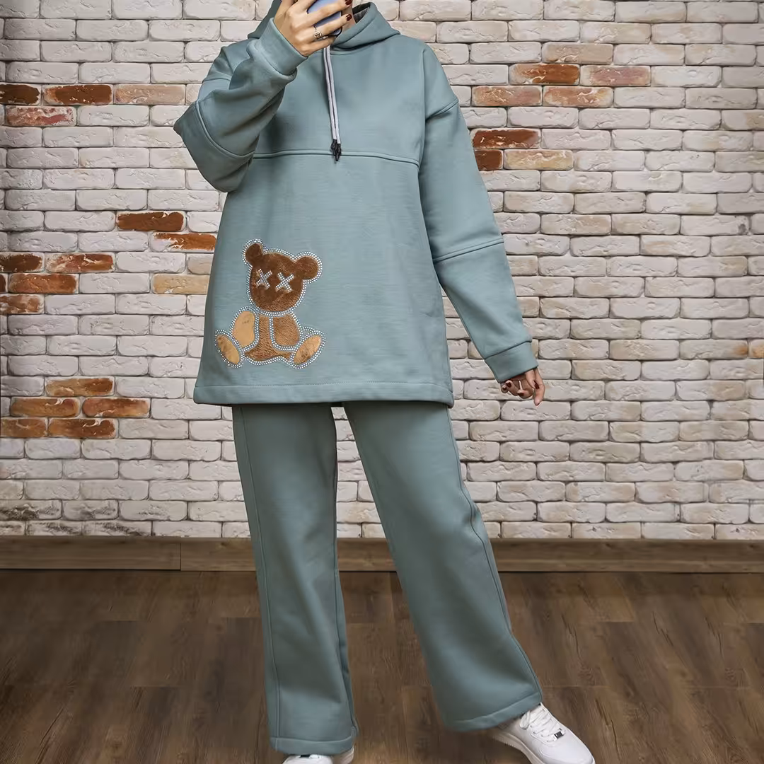 هودی و شلوار طرح خرسی جنس دورس سه نخ فری سایز در 12رنگ 