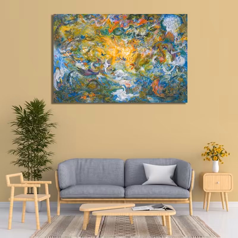 تابلو شاسی طرح نقاشی مینیاتور اثر استاد فرشچیان (روزپنجم آفرینش)