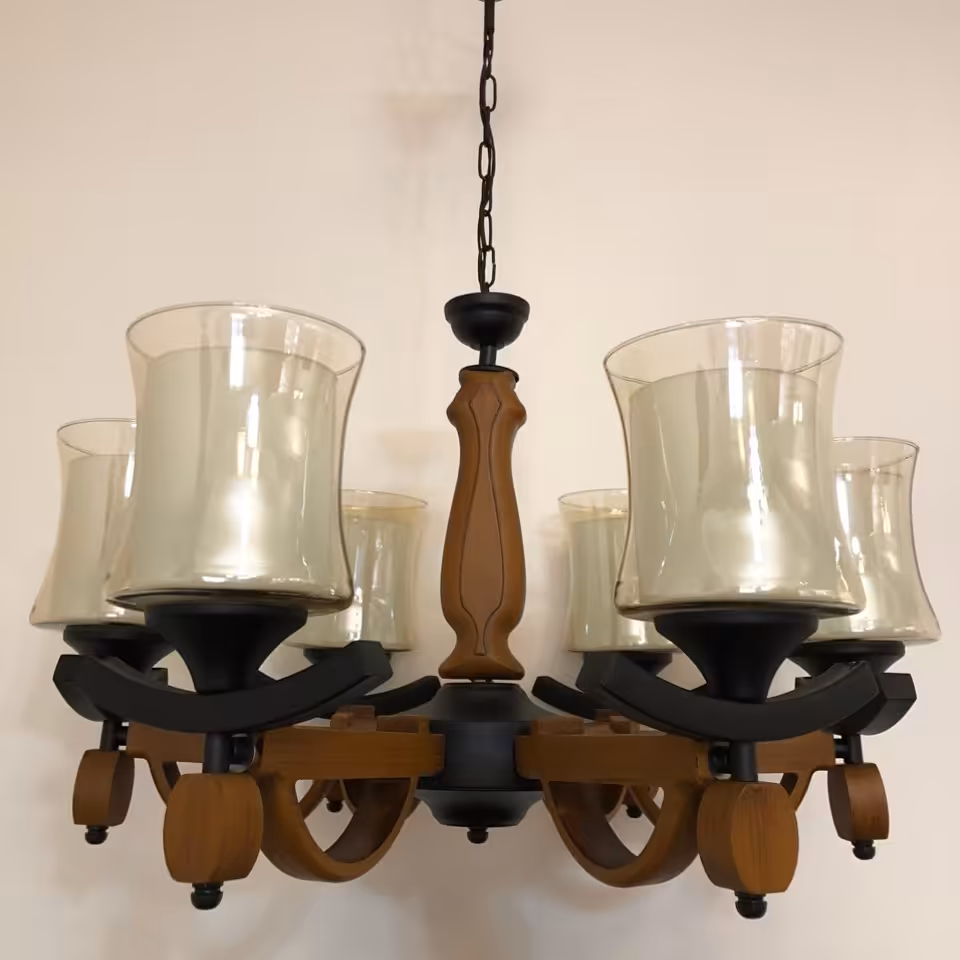 لوستر 6 شاخه چوب و فلز