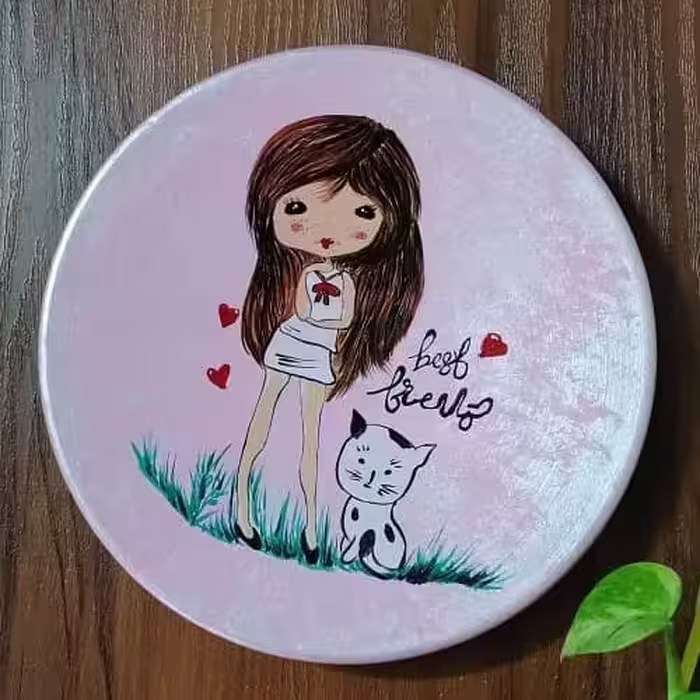 بشقاب دیوارکوب  فانتزی دختر و گربه 