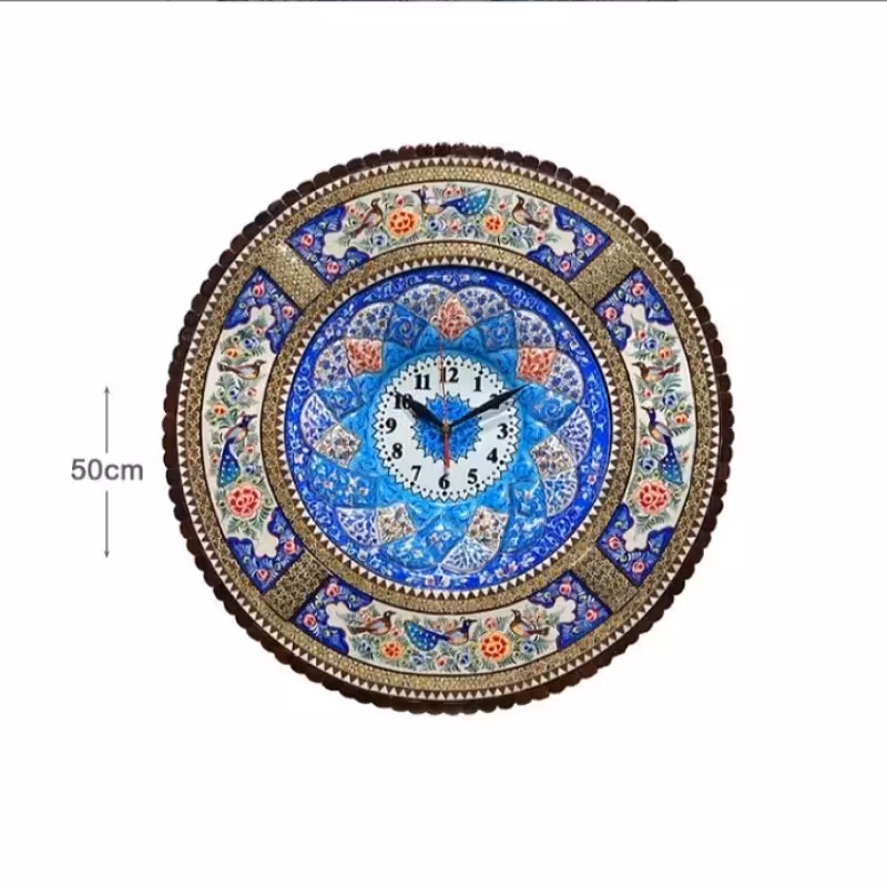ساعت دیواری خاتم گل مرغ با میناکاری، 50 سانتی
