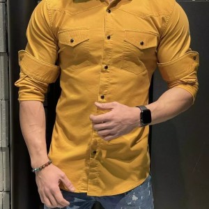 پیراهن کتون دو جیب خردلی