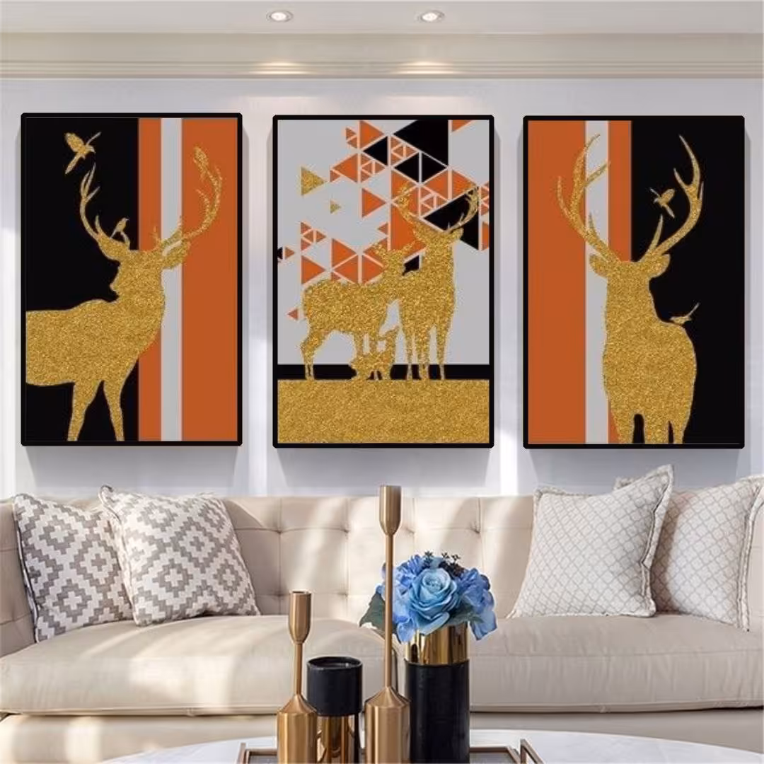 تابلو دکوراتیو فانتزی طرح گوزن طلایی سه تکه  