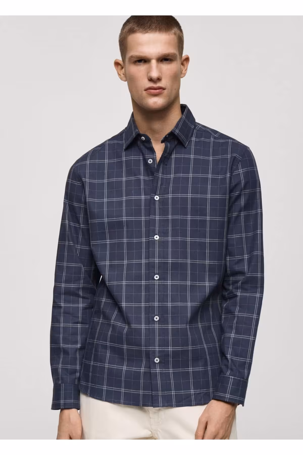 پیراهن / بلوز دکمه دار آبی مردانه مناسب پنبه کارلی اورجینال MANGO Man