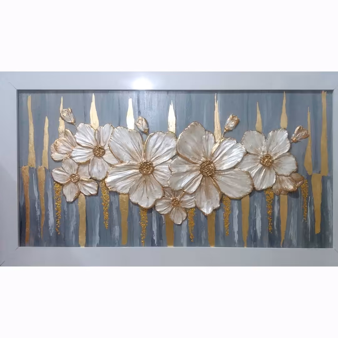 تابلو نقاشی گل برجسته سفید طلایی 