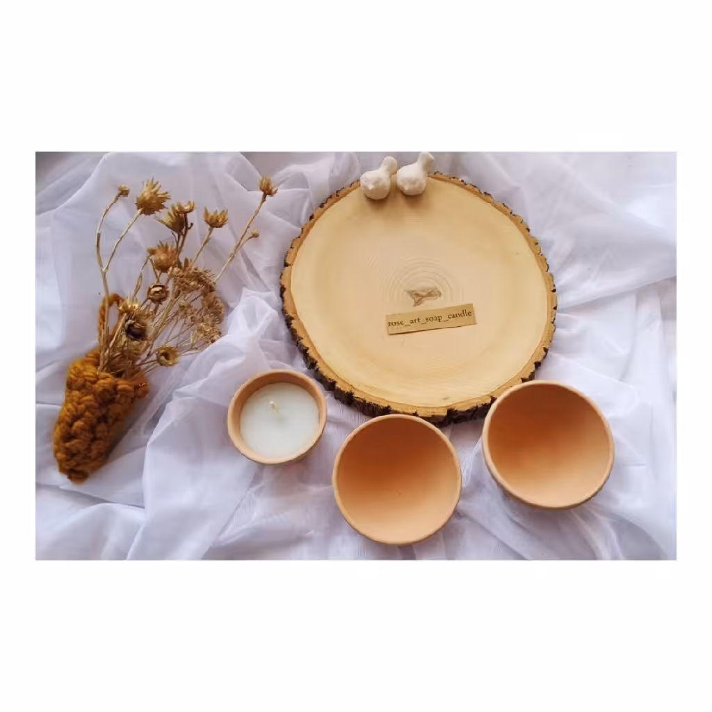 سینی دکوری و مصرفی با کبوتر سفالی شمع و کاسه ی سفالی