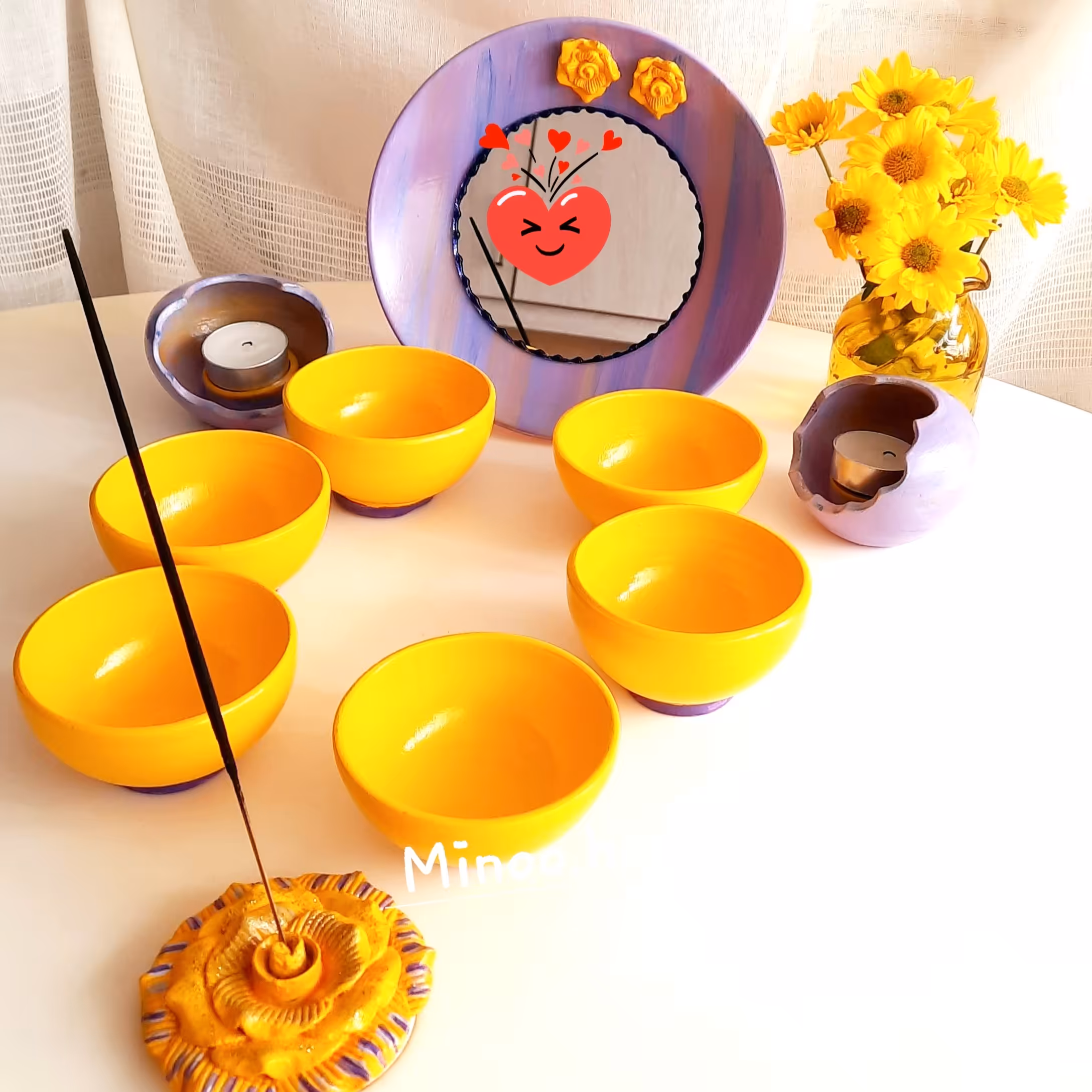 هفتسین  سفالی  رنگ زرد وبنفش دست سازه های مینو