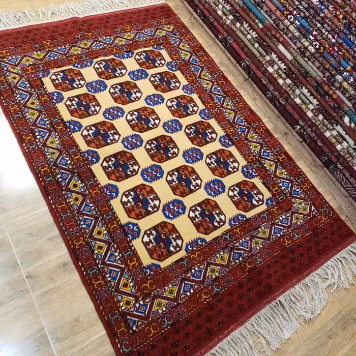 قالیچه دستبافت ترکمن اعلا، 3 متری، طرح ماری گل، ارسال رایگان، پشم