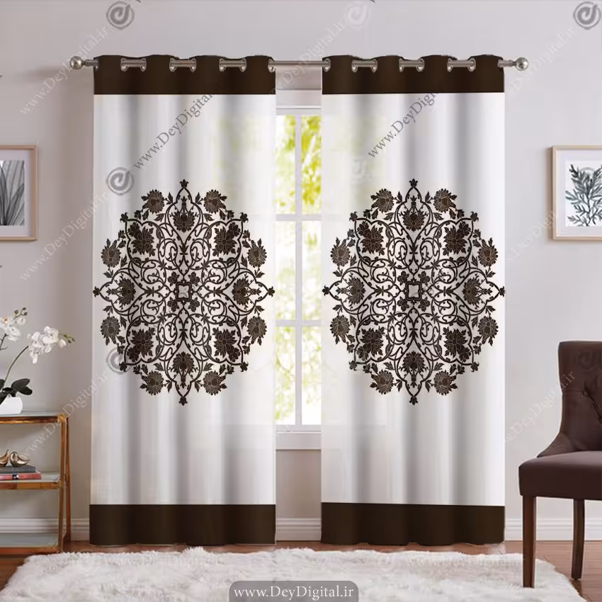 پرده چاپی طرح اسلیمی رنگ قهوه ای سوخته SA-3969