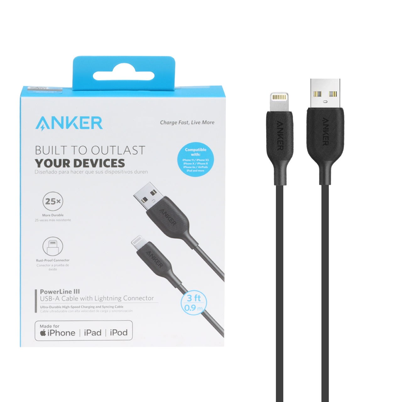 کابل تبدیل USB به لایتنینگ انکر مدل Anker PowerLine A8812