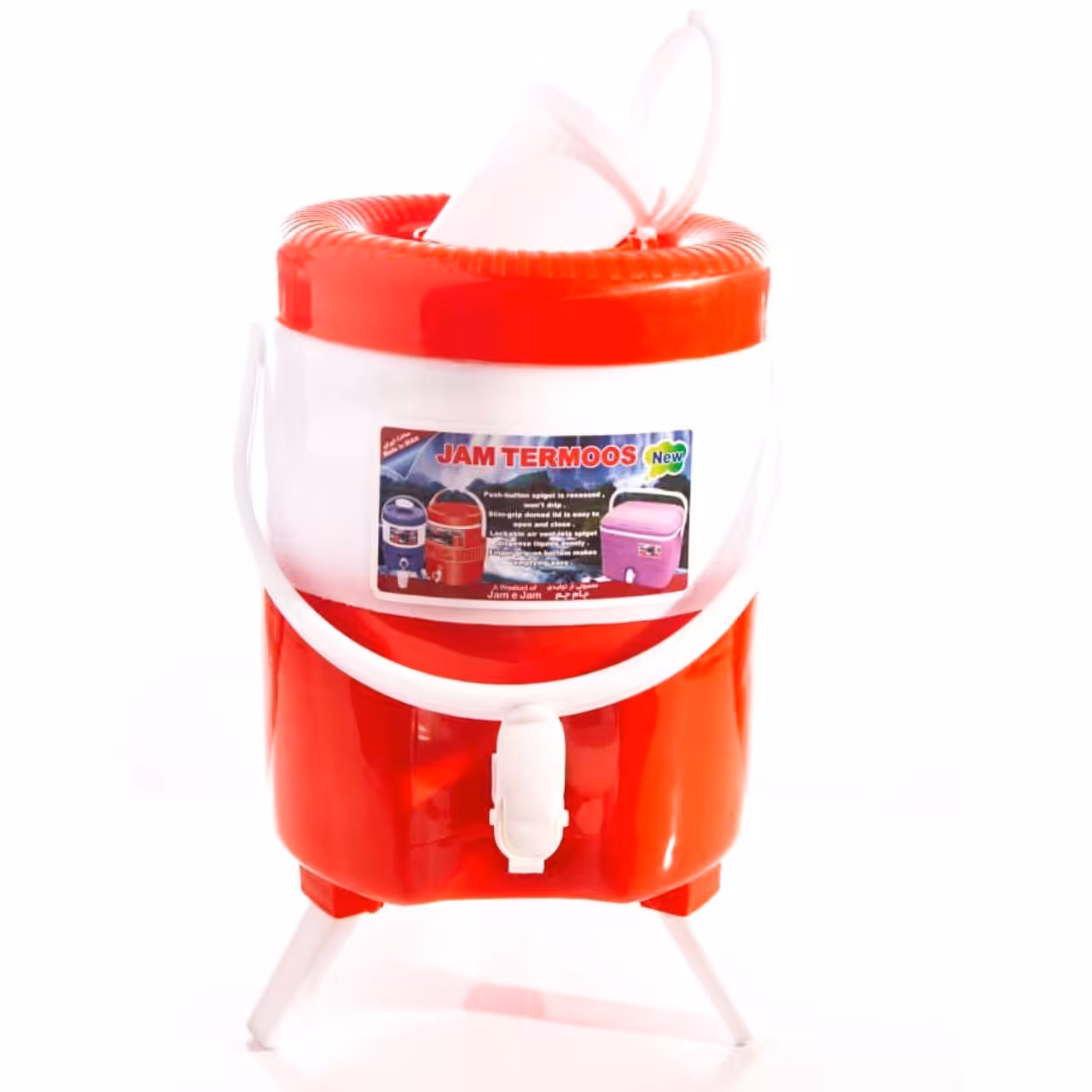 کلمن 5 لیتری پایه دار و لیوان دار  پلاستیکی قرمز(ارسال رایگان)جام ترموس