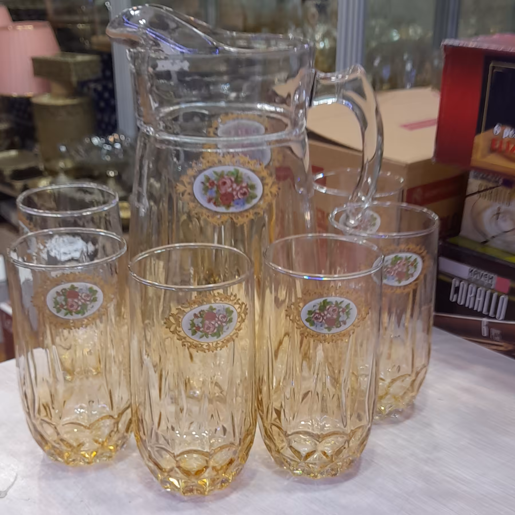 پارچ لیوان گلدار بلور نباتی ساخت  ایران گل روز طرح دار 