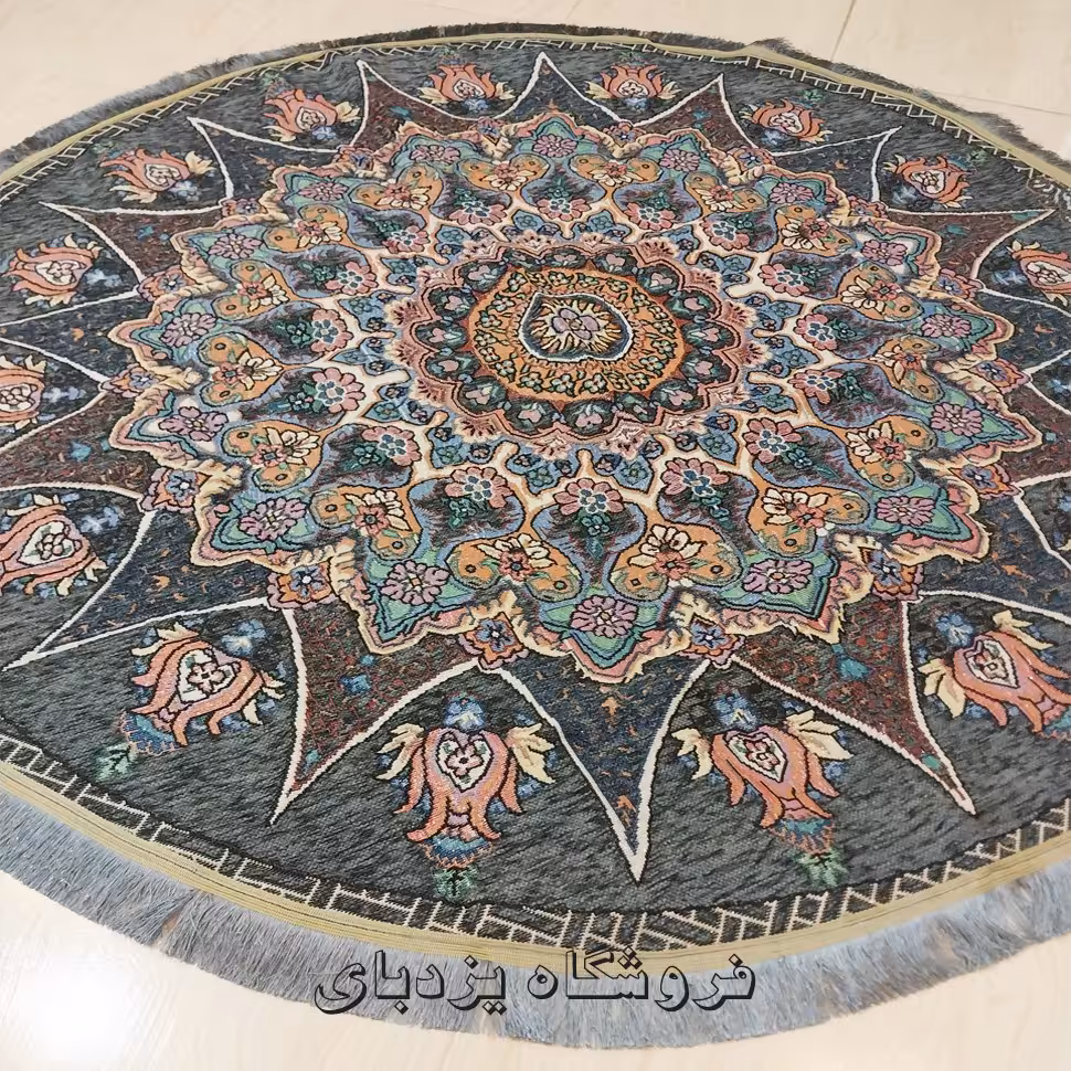 روفرشی مخمل زرکدار گرد طرح خورشیدی رنگ طوسی (قطر 1.5 متری)