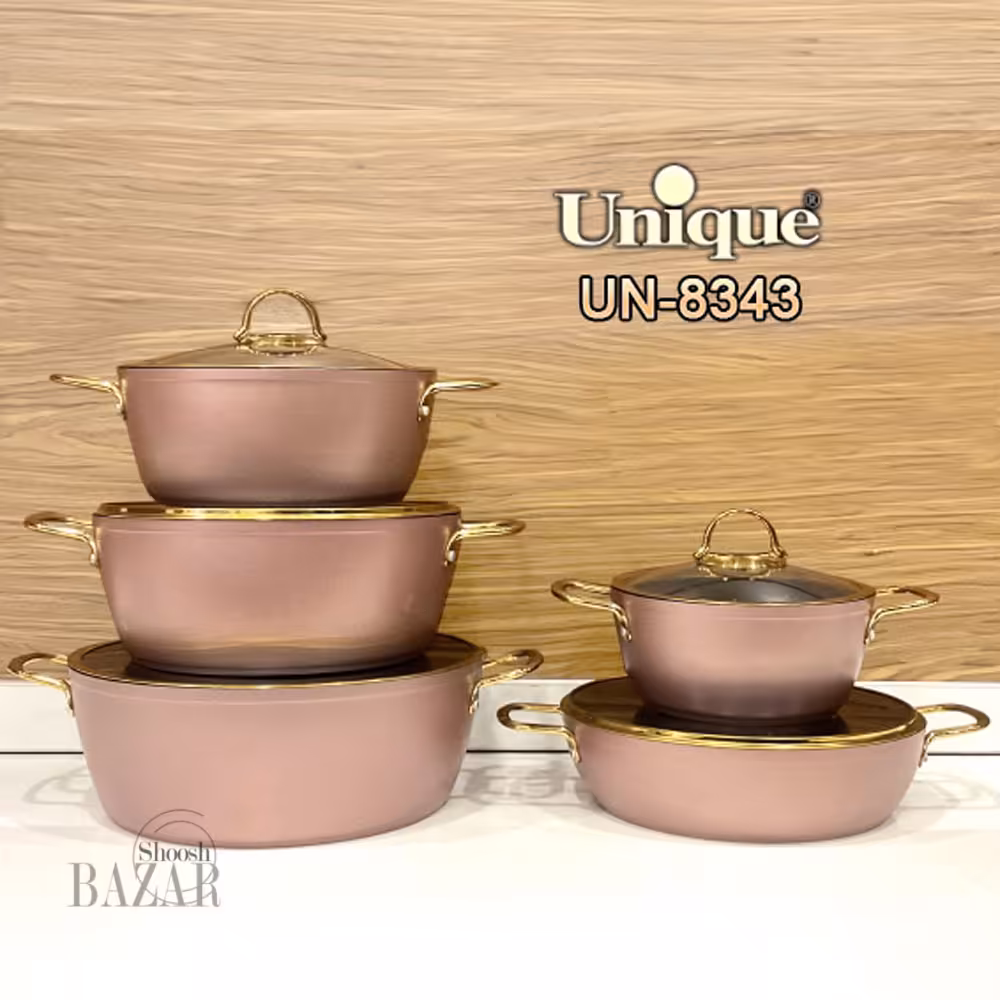 سرویس قابلمه 10 پارچه رزگلد درب منحنی طلایی یونیک کد 8343