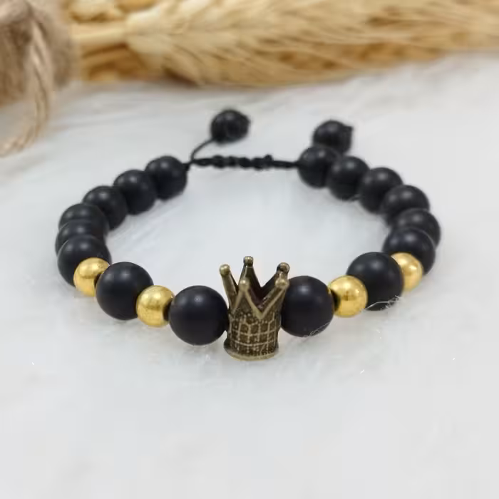 دستبند مهره ای اونیکس مشکی مات طرح تاج 