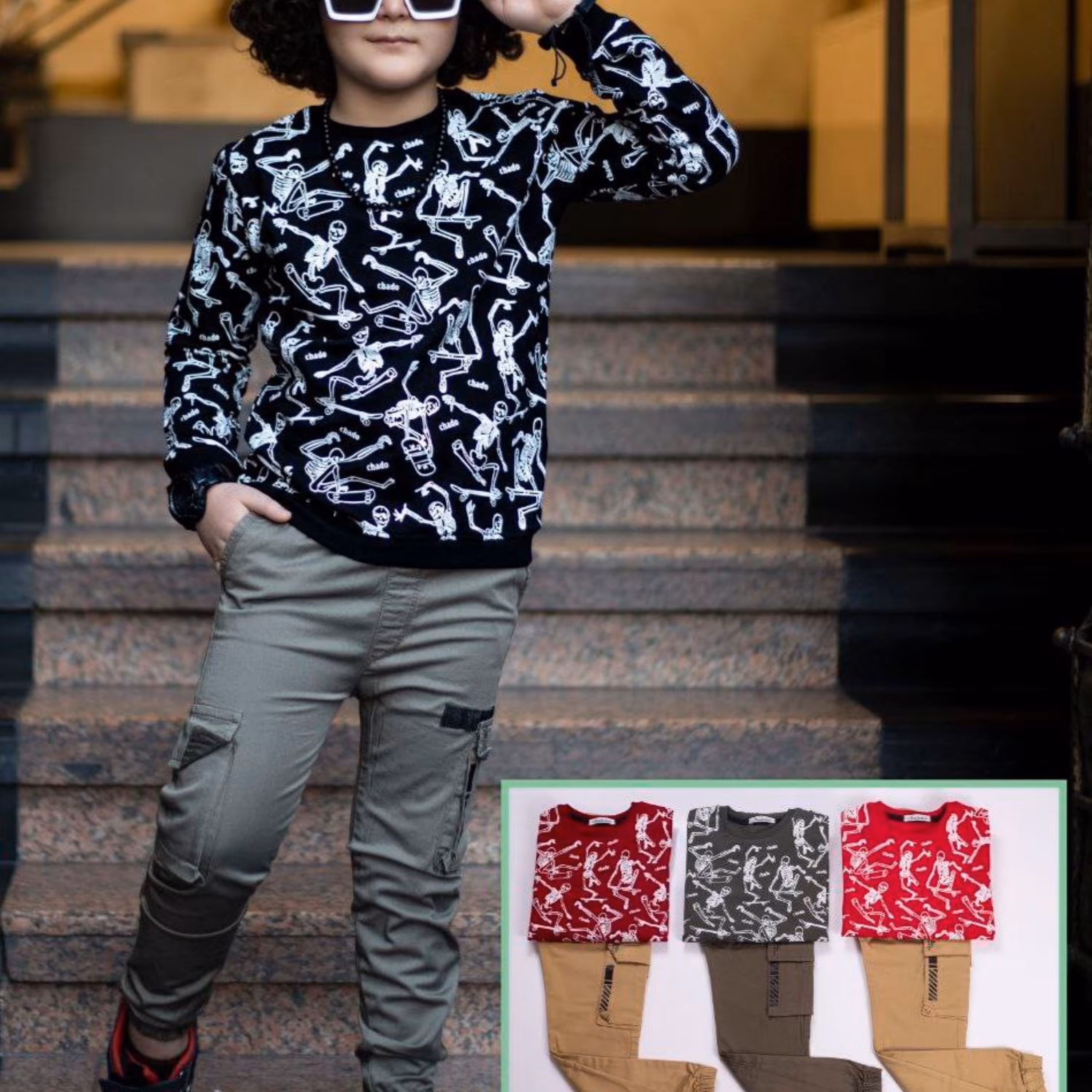 ست بلوز شلوار کتان پسرانه طرح اسکلت