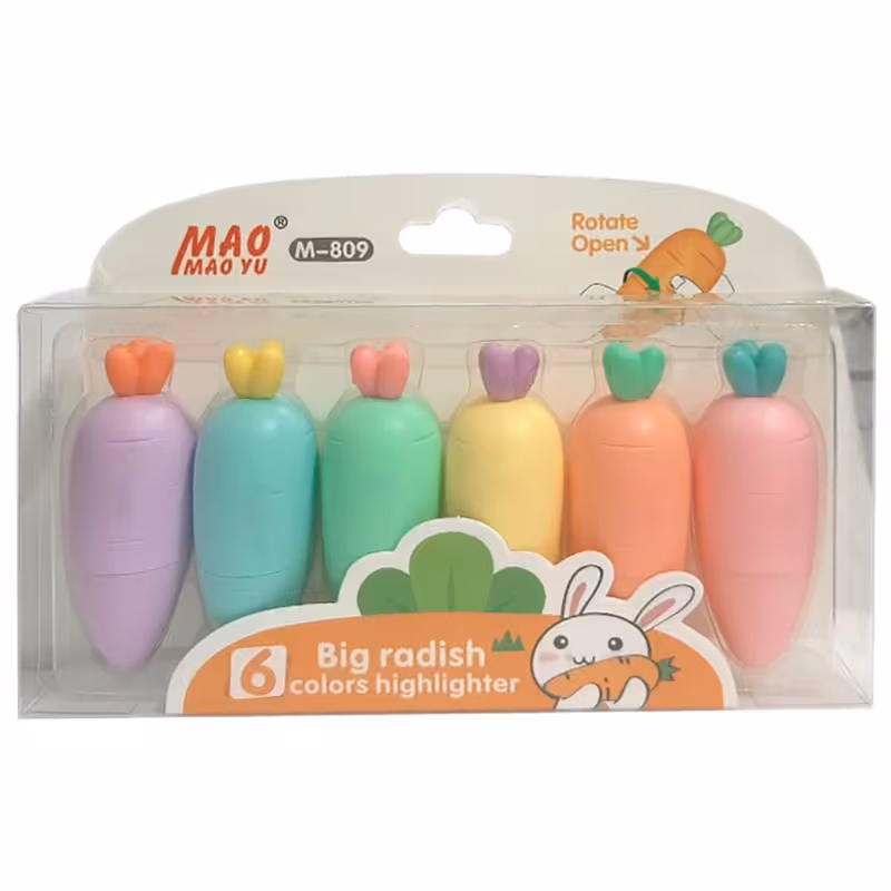 خرید ماژیک هایلایت طرح هویج بسته 6 رنگ کد M-809 جعبه طلقی