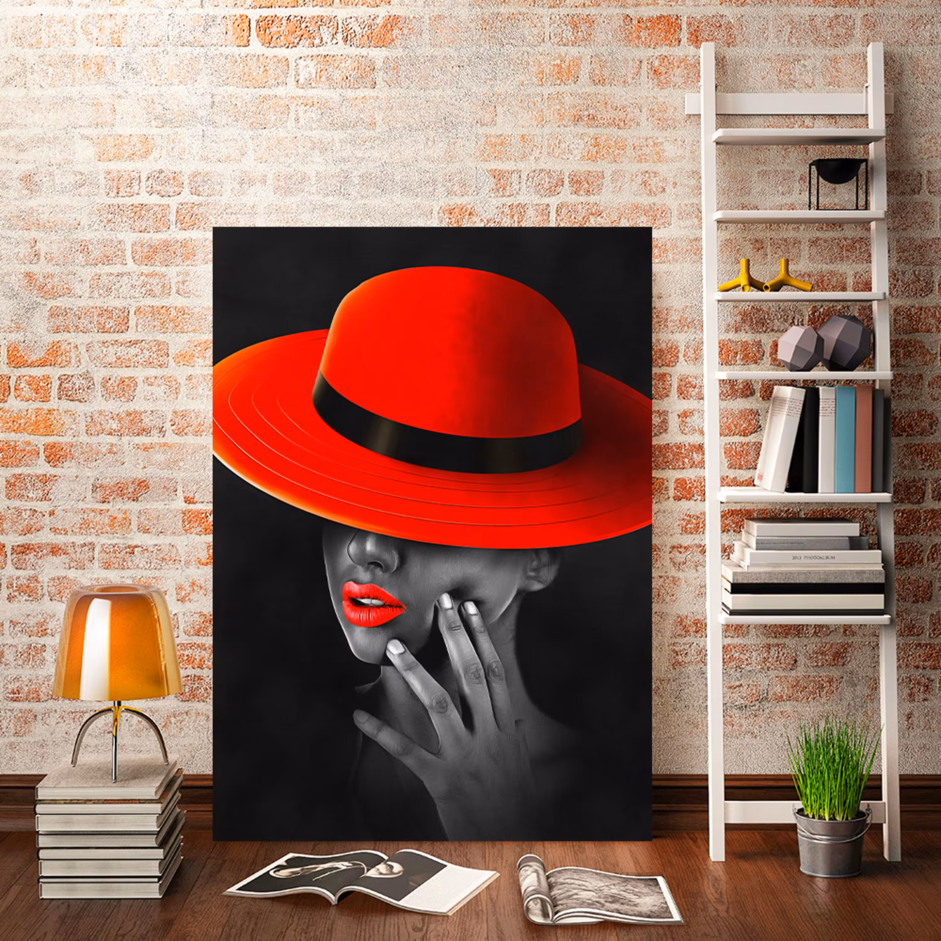 تابلو بوم طرح زن با کلاه قرمز