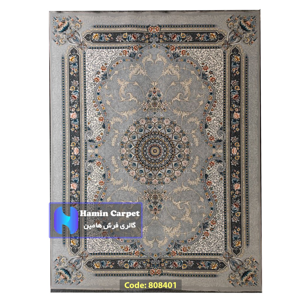 فرش 9 متری 700شانه تراکم 2550 نخ آکلریک رنگ زمینه نقره ای کد AR808401