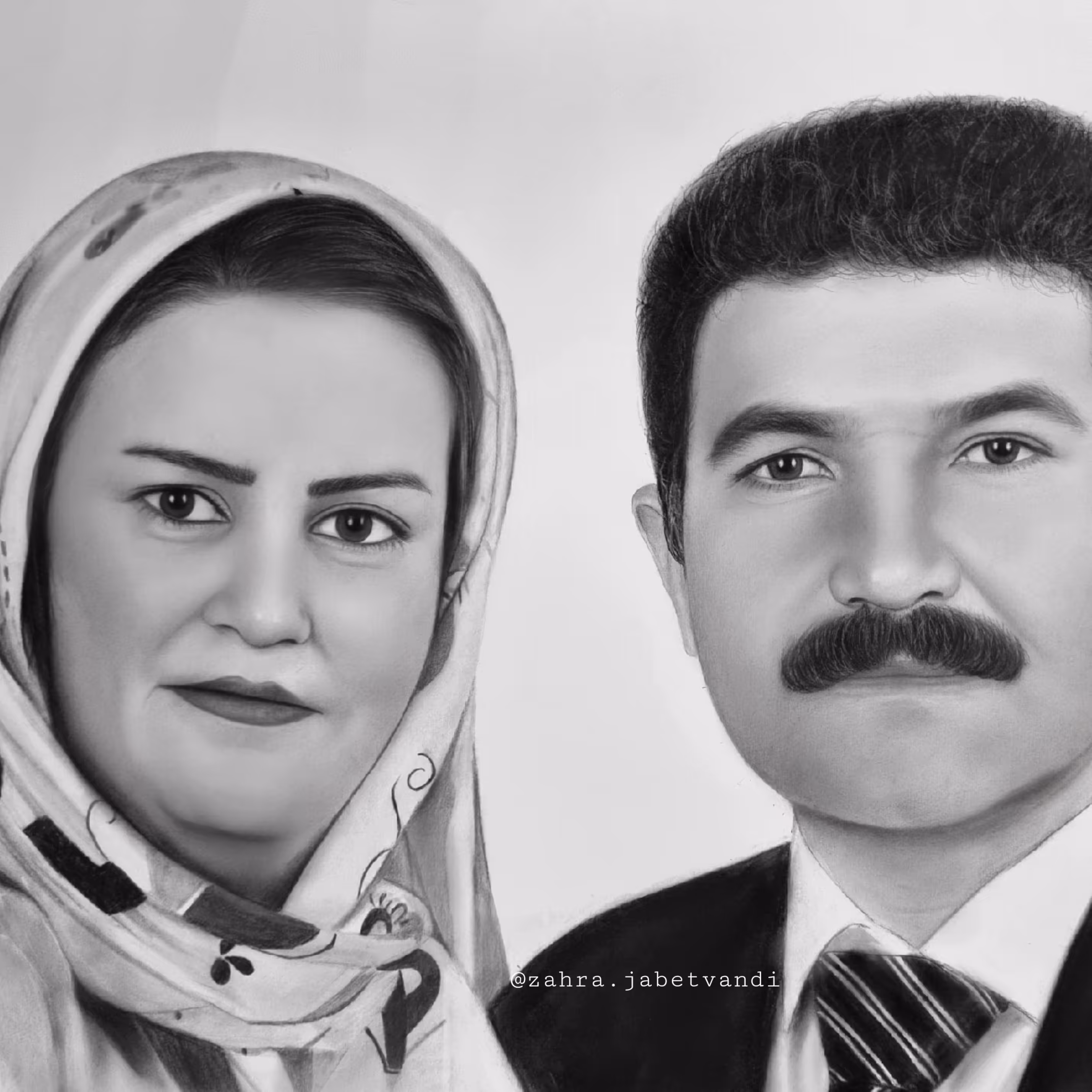 تابلوی چهره سیاه قلم  دو چهره در ابعاد 50 در 70 به سفارش مشتری در سبک رئال