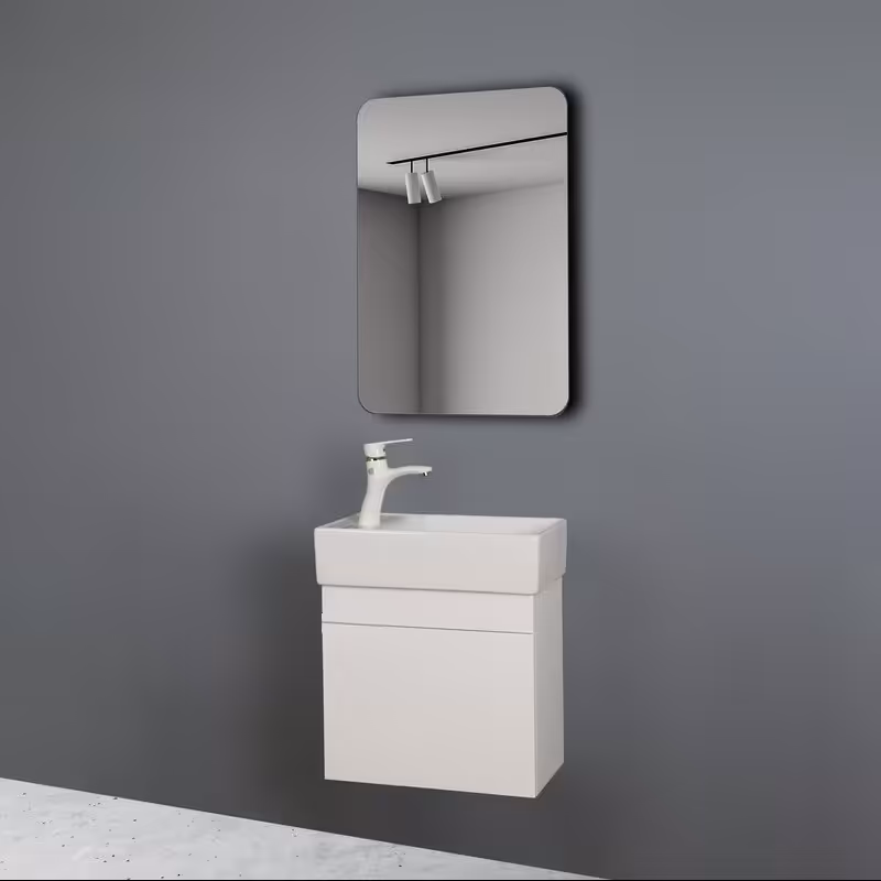 روشویی کابینتی  کوچک شیر بغل سفید همراه با  آینه
