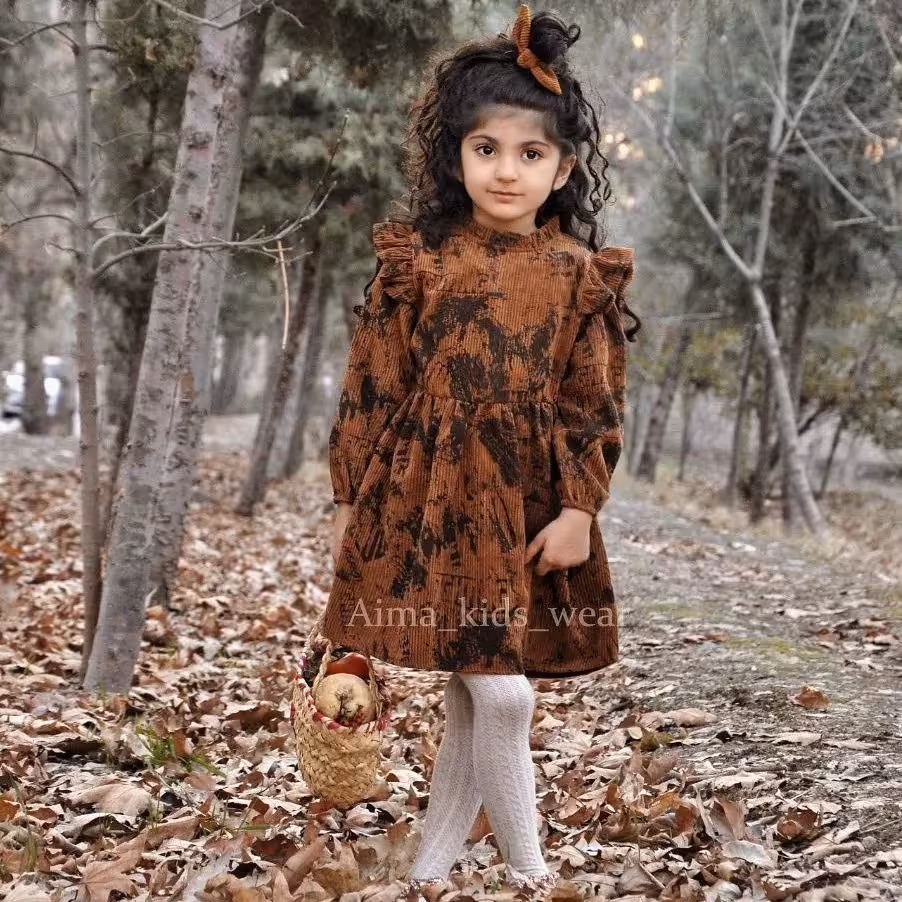 پیراهن مخمل کبریتی دخترانه زرشکی و قهوه ای مناسب 18 ماه تا 3سال