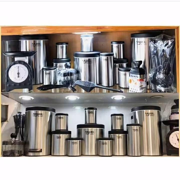 سرویس آشپزخانه 29 پارچه استیل سرویس عروس سرویس قند و شکر سطل زباله و برنج و ....