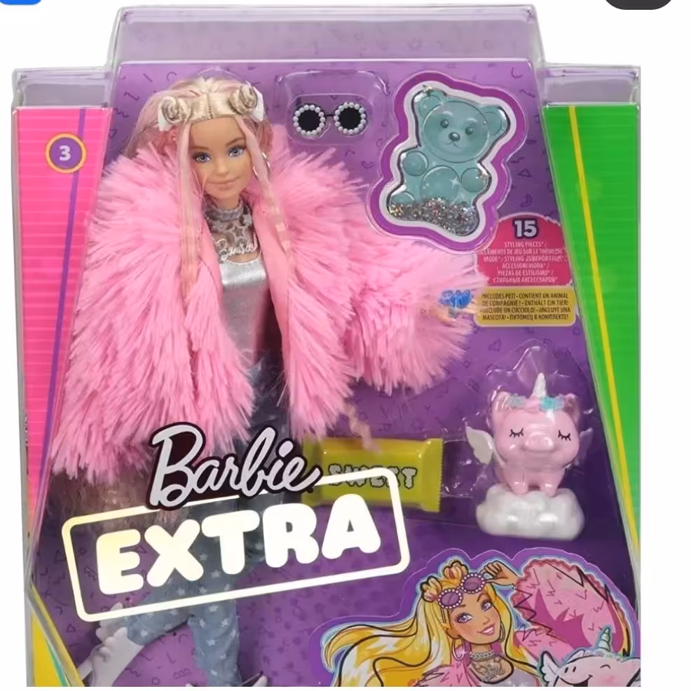 عروسک باربی اکسترا با کت پشمی پفی صورتی برند متل با ارسال رایگان و فوری