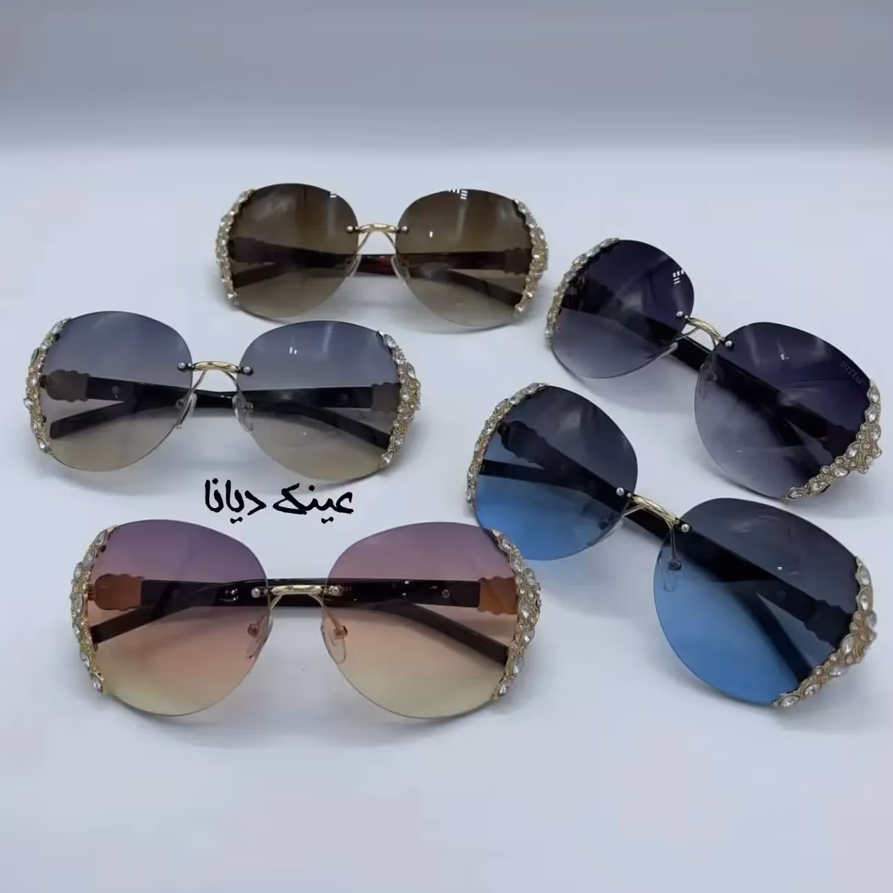 عینک آفتابی دیتایی فلزی بدون فرم نگین دار رنگ بندی طبق عکس