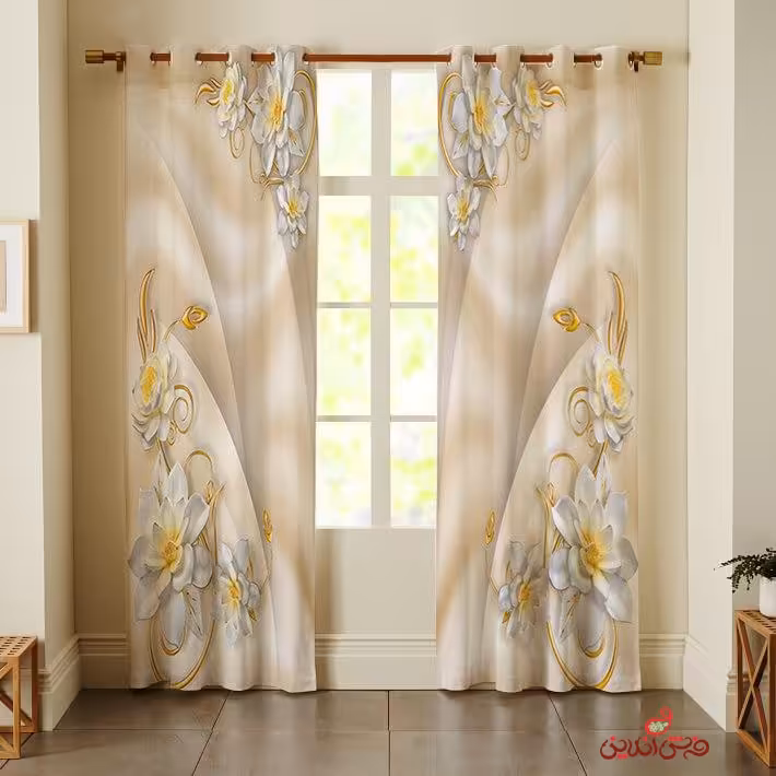 پرده 2عددی طرح گل سفید زرد (گل اطلسی ) کد 2771
