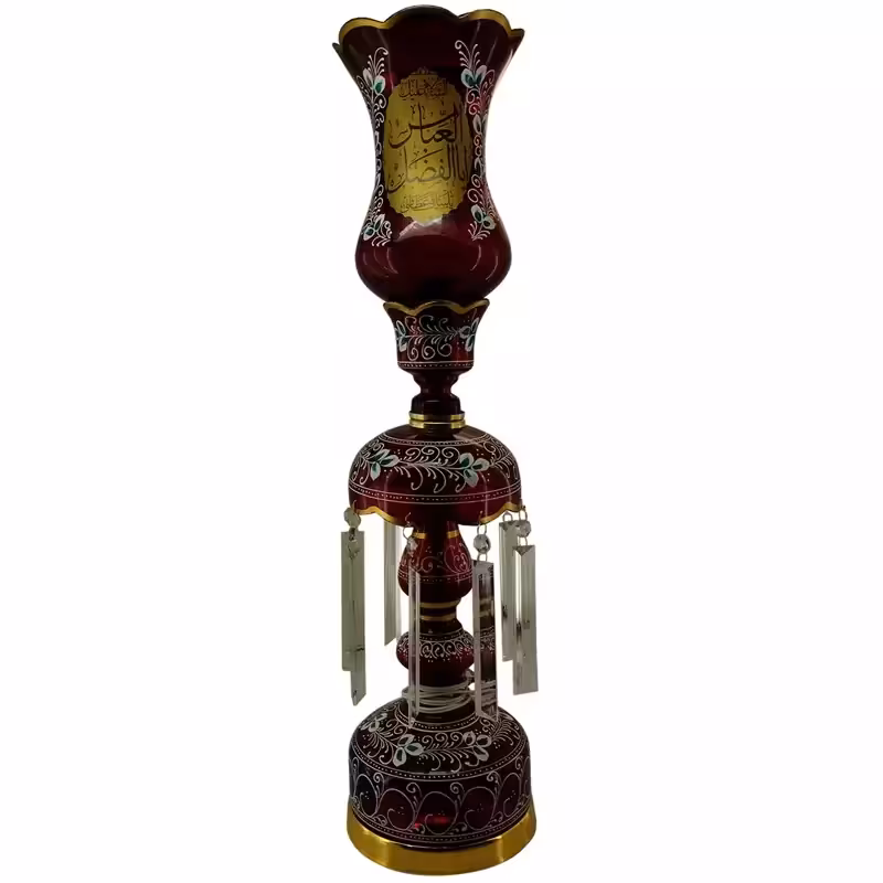 103274-لاله شمعدانی بزرگ ارتفاع 70 قطر دهانه 16-قرمز یا اباعبدالله الحسین ع و یا اباالفضل العباس ع-کنار منبری هیئت