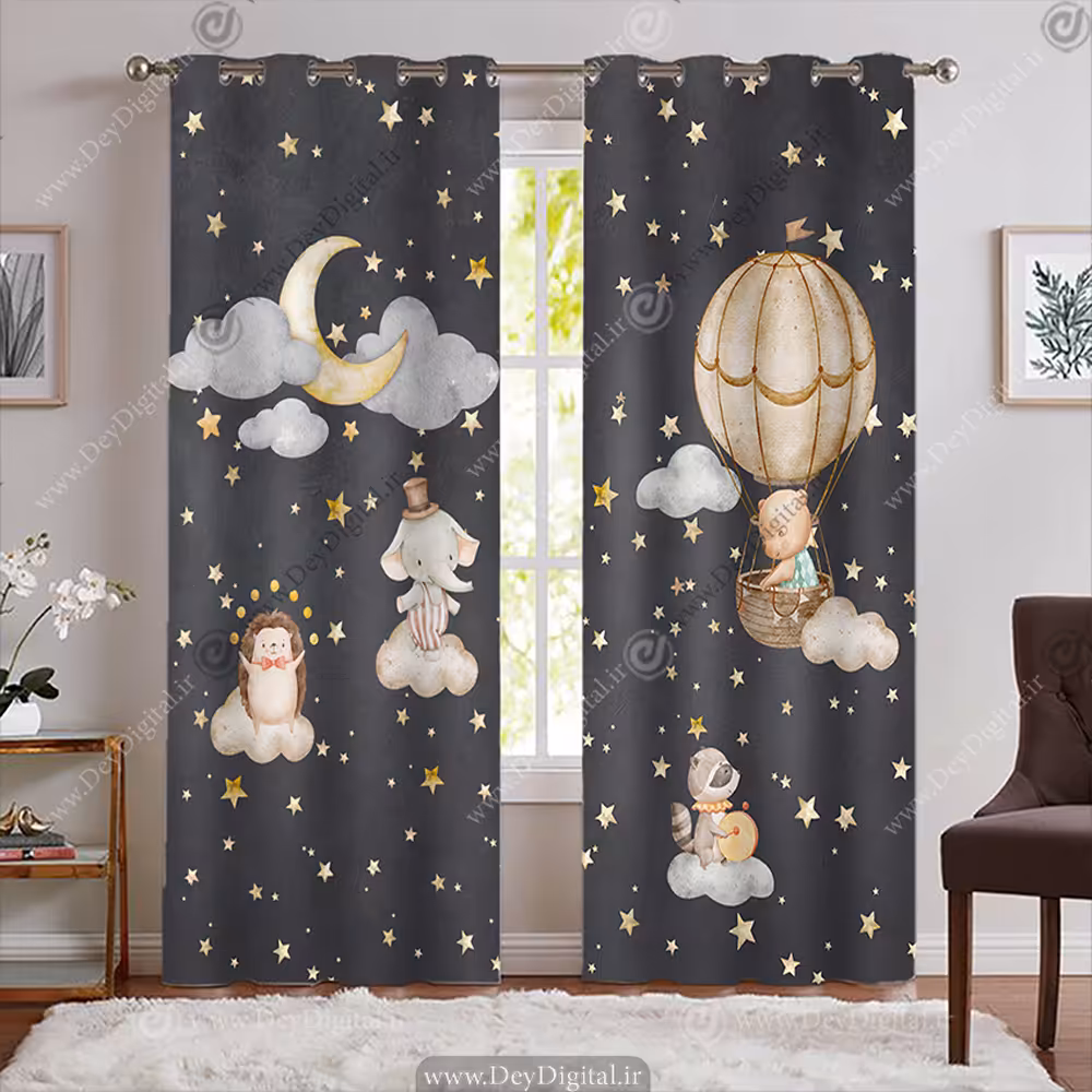 پرده طرح فانتزی کودکانه حیوانات روی ابرها با زمینه تیره و ماه و ستاره WA-2196