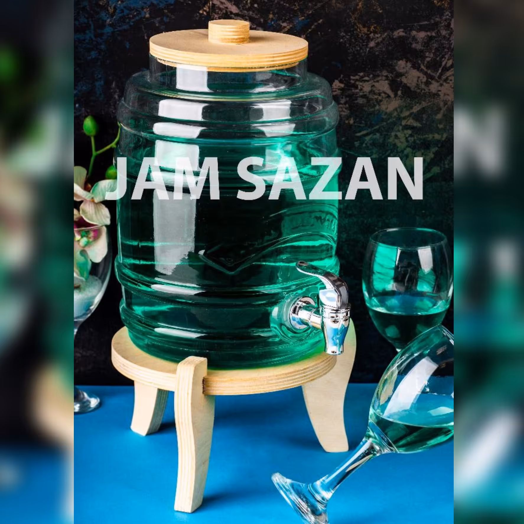 کلمن شیشه ای طرح بشکه پایه چوبی 5لیتری