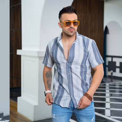 پیراهن کنفی آستین کوتاه راه راه مردانه رنگ طوسی