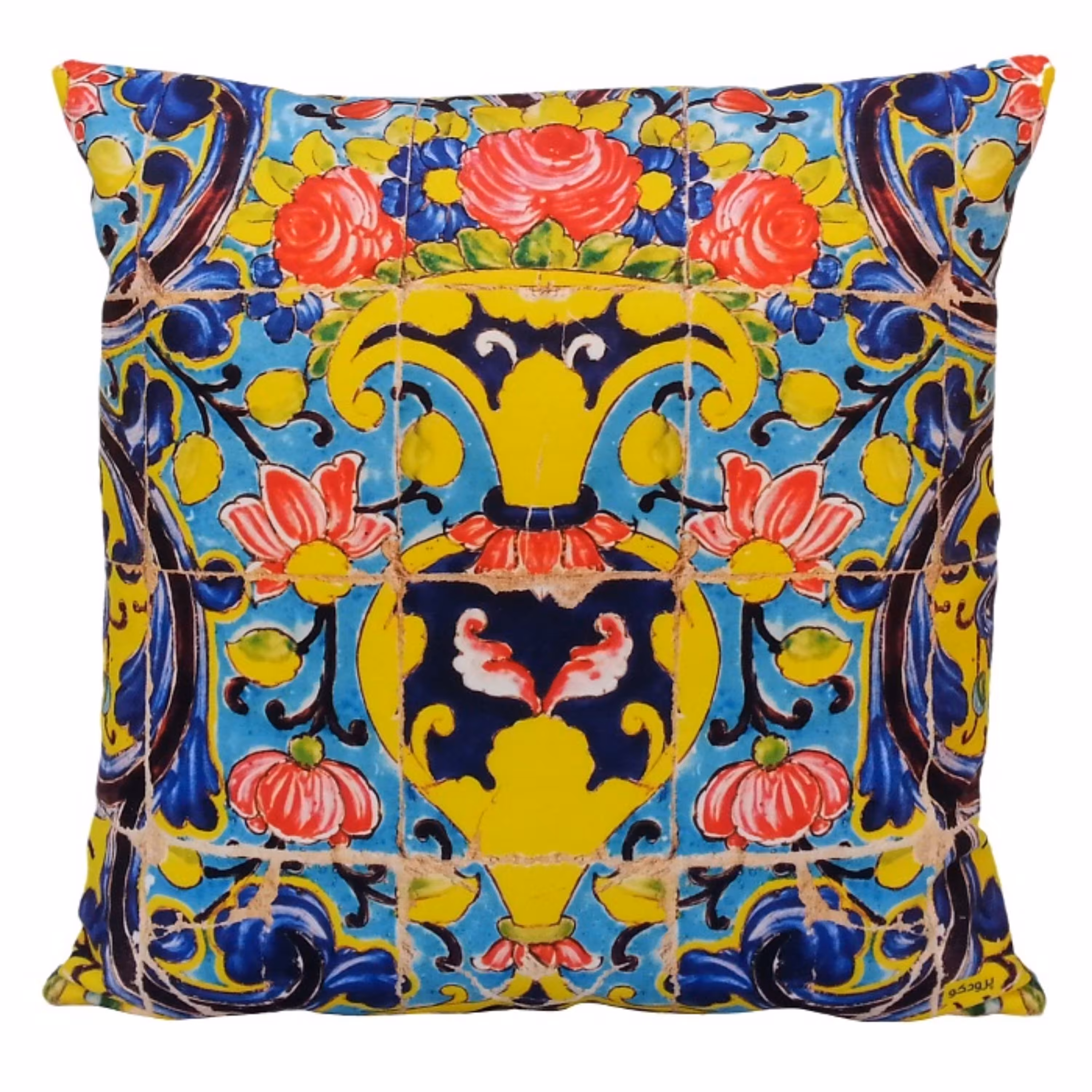 کاور کوسن مخمل کوبیده  طرح کاشی  کد MAKHQU8  کیفیت جنس و رنگ عالی