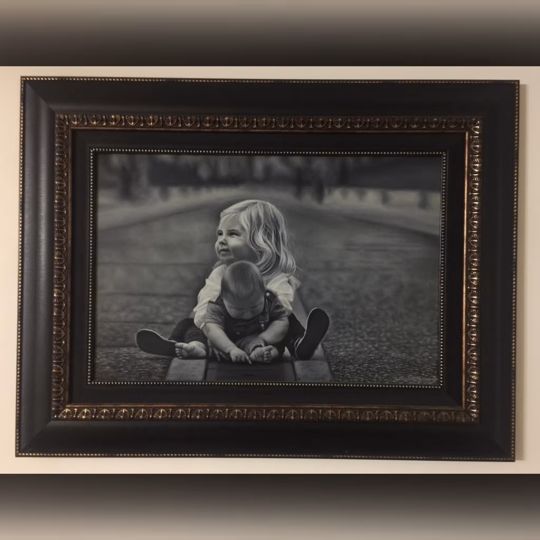 تابلو نقاشی رنگ روغن دو کودک ، خواهرانه روی بوم