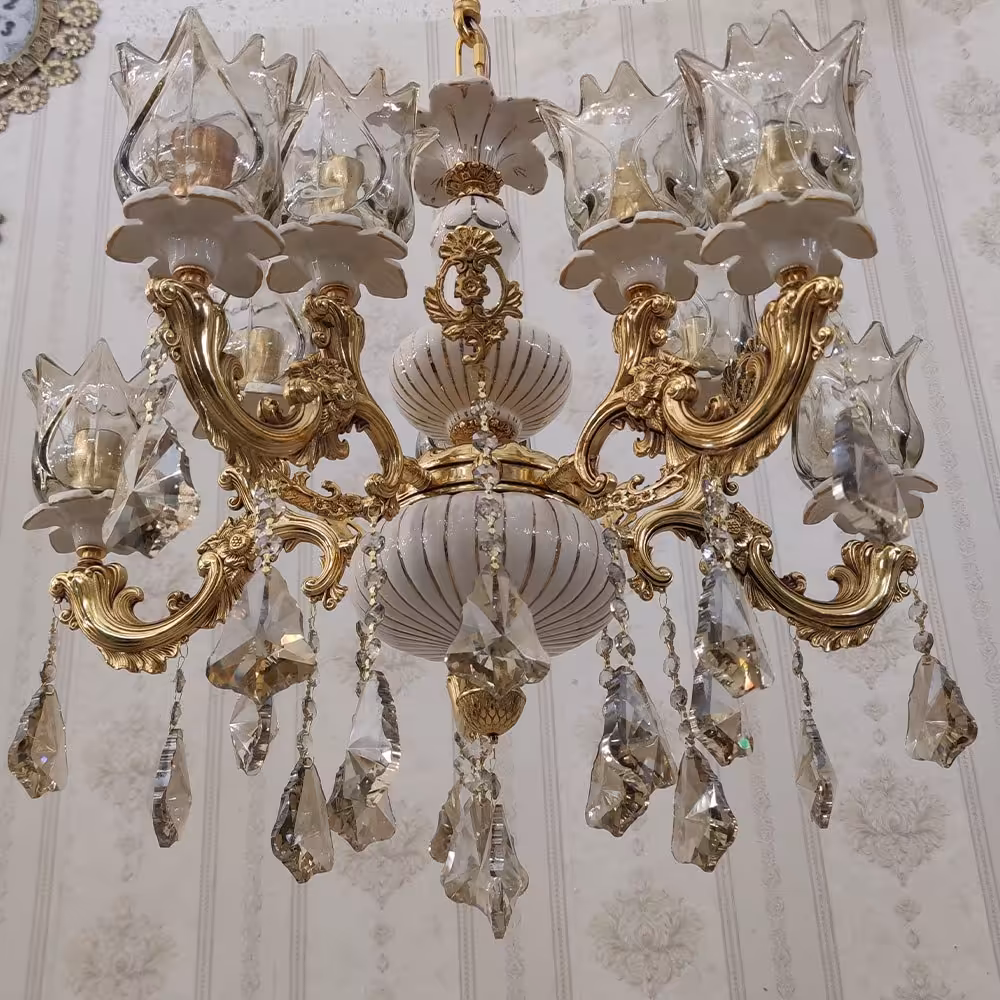 لوستر برنزی مدل شاخه گل رز کوچک فورتیک با سرامیک خطی 5 شاخه 10 شعله کد 6213