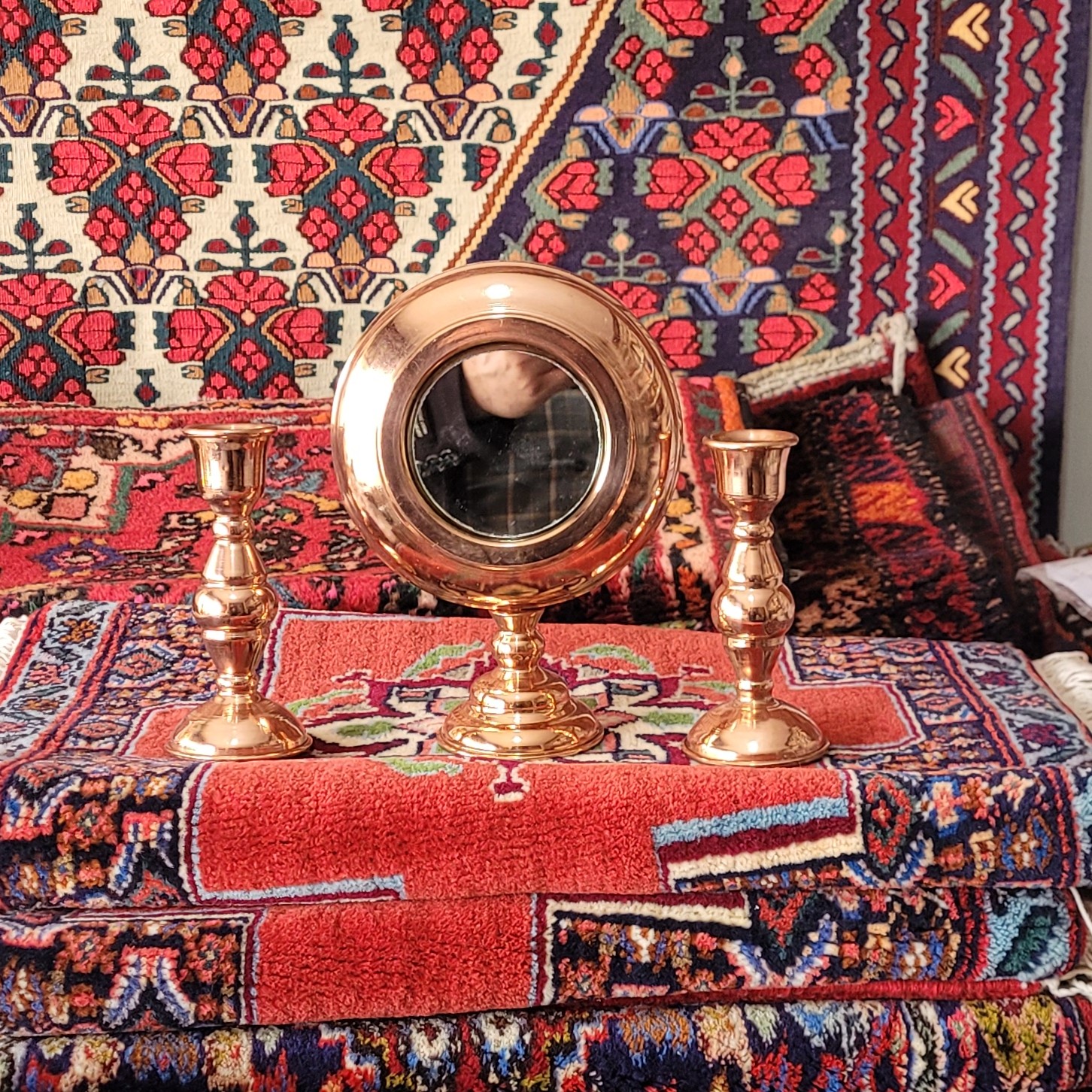 آینه و شمعدان مسی تک پایه