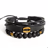 دستبند چرم طبیعی با پلاک استیل و سنگ اونیکس تراش خورده مات