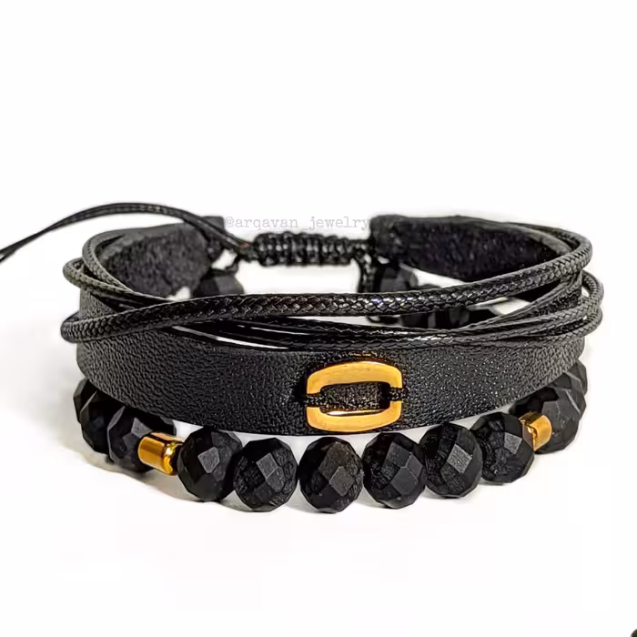 دستبند چرم طبیعی با پلاک استیل و سنگ اونیکس تراش خورده مات