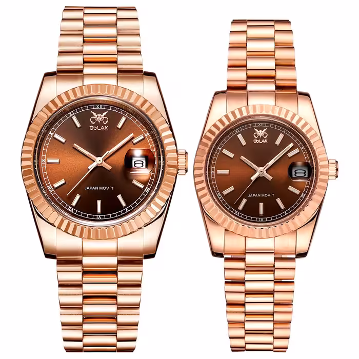 ست ساعت مچی عقربه ای زنانه و مردانه اوبلاک مدل 72692رنگ رزگلد صفحه کافی